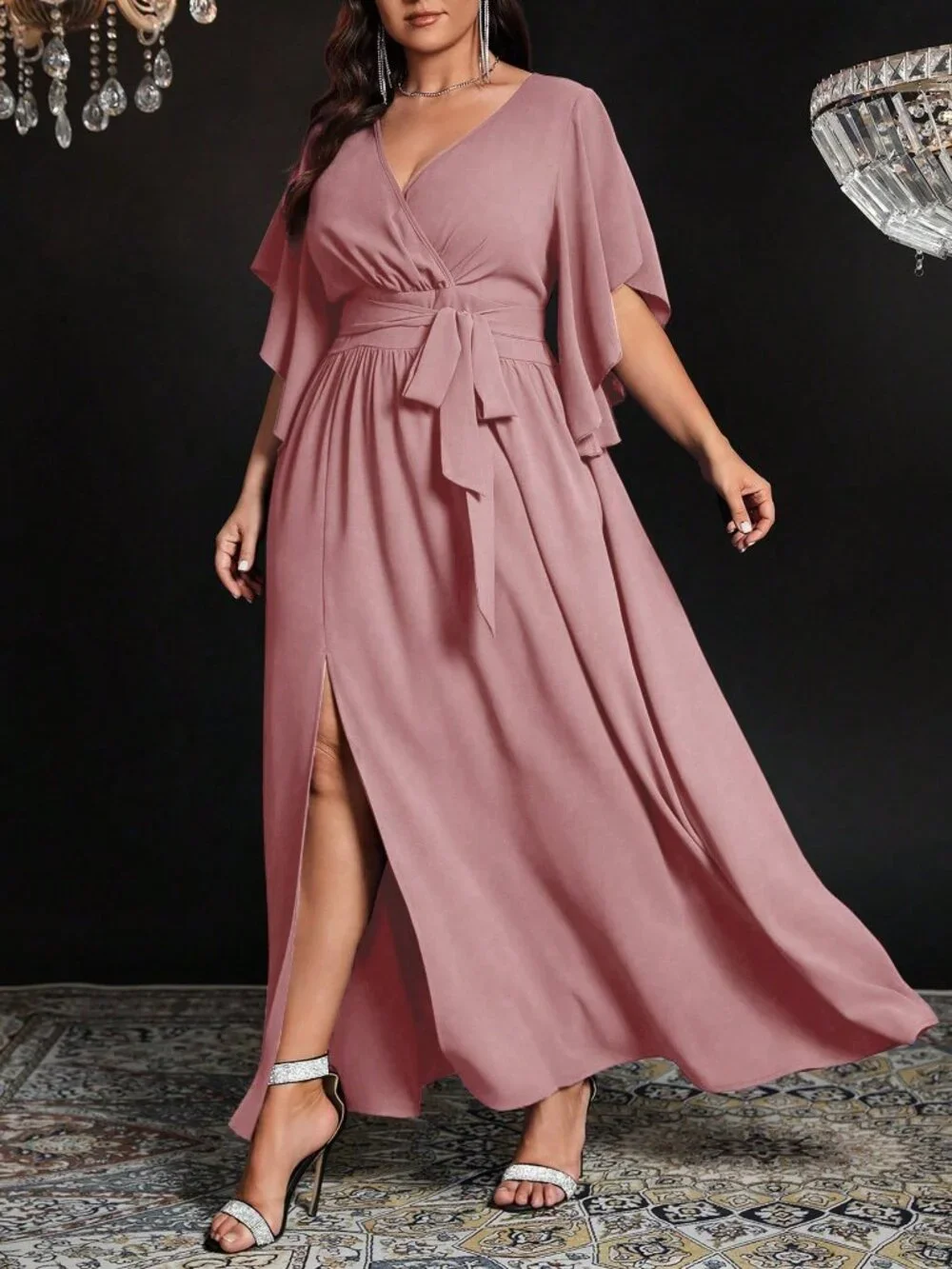 Dusty Pink Elegant Women's Plus Size V Neck Long Party Dress